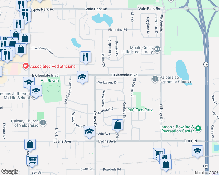 map of restaurants, bars, coffee shops, grocery stores, and more near 1709 Peachtree Drive in Valparaiso