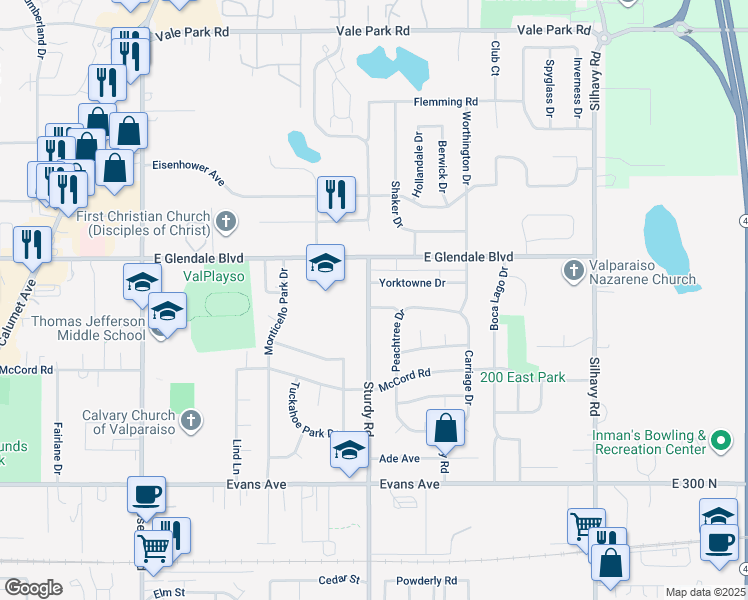 map of restaurants, bars, coffee shops, grocery stores, and more near 2005 Chamblee Drive in Valparaiso