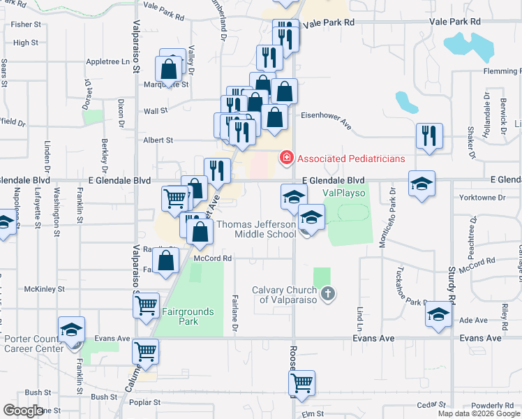 map of restaurants, bars, coffee shops, grocery stores, and more near 1803 Earthstone Drive in Valparaiso