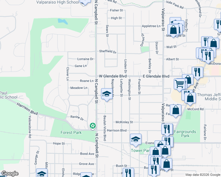map of restaurants, bars, coffee shops, grocery stores, and more near 1701-1819 Beulah Vista Blvd in Valparaiso