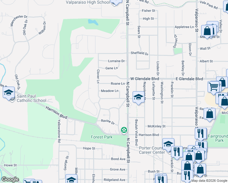 map of restaurants, bars, coffee shops, grocery stores, and more near 551 Meadow Lane in Valparaiso