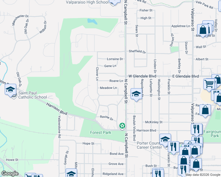 map of restaurants, bars, coffee shops, grocery stores, and more near 551 Meadow Lane in Valparaiso