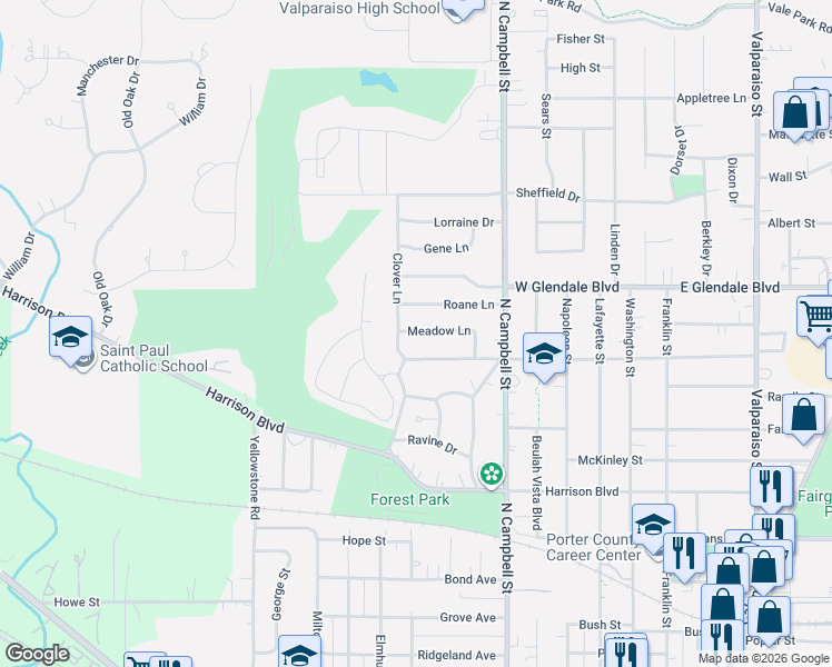 map of restaurants, bars, coffee shops, grocery stores, and more near 1701-1799 Meadow Lane in Valparaiso