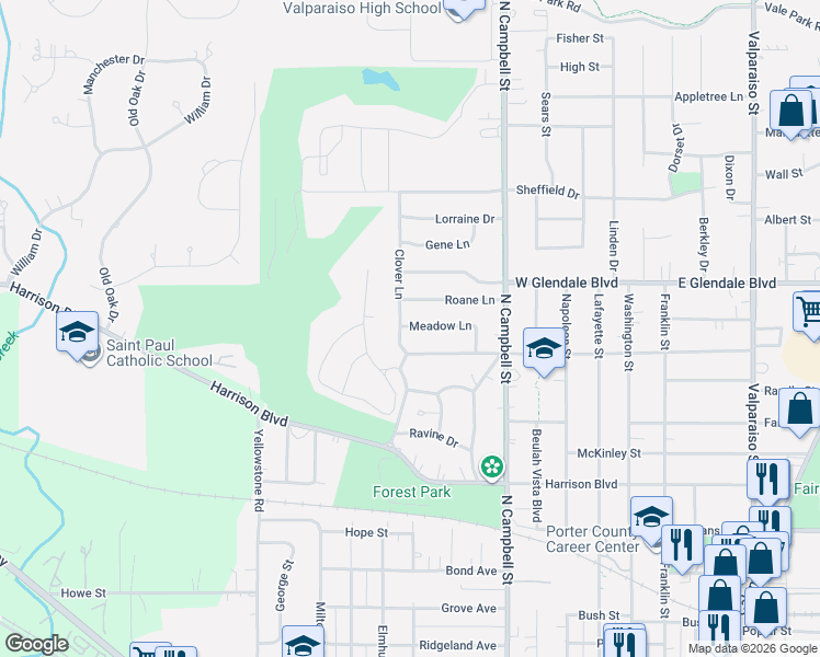 map of restaurants, bars, coffee shops, grocery stores, and more near 1701-1799 Meadow Lane in Valparaiso