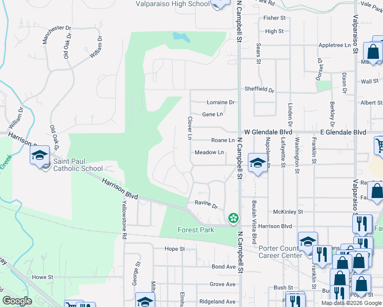 map of restaurants, bars, coffee shops, grocery stores, and more near 1709 Clover Lane in Valparaiso