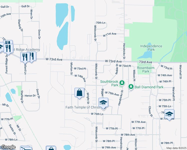 map of restaurants, bars, coffee shops, grocery stores, and more near 7399 Wright Street in Merrillville
