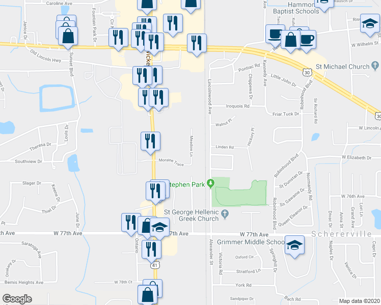 map of restaurants, bars, coffee shops, grocery stores, and more near 2120-2130 Meadow Lane in Schererville