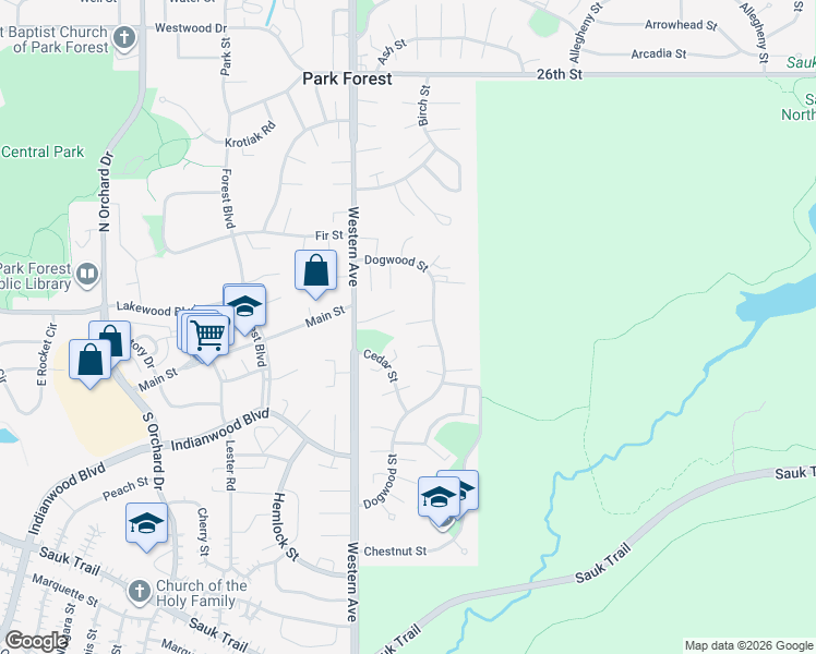 map of restaurants, bars, coffee shops, grocery stores, and more near 188 Dogwood Street in Park Forest
