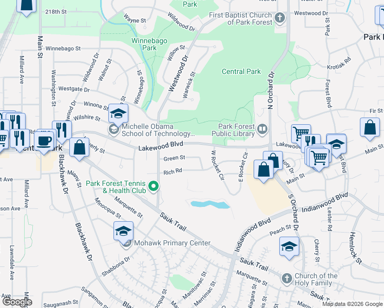 map of restaurants, bars, coffee shops, grocery stores, and more near 264 Green Street in Park Forest