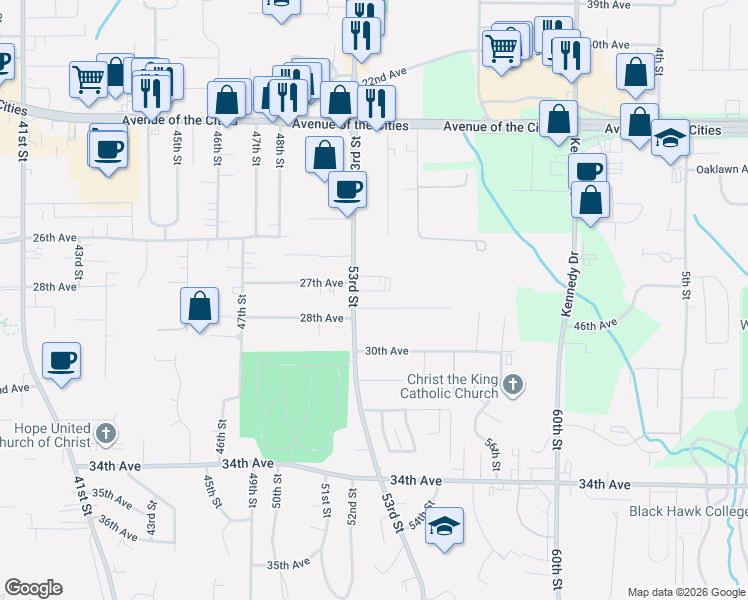 map of restaurants, bars, coffee shops, grocery stores, and more near 5305 28th Ave in Moline