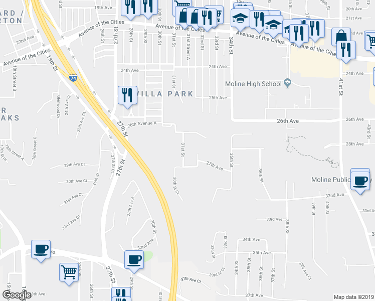 map of restaurants, bars, coffee shops, grocery stores, and more near 2610-2614 31st St in Moline