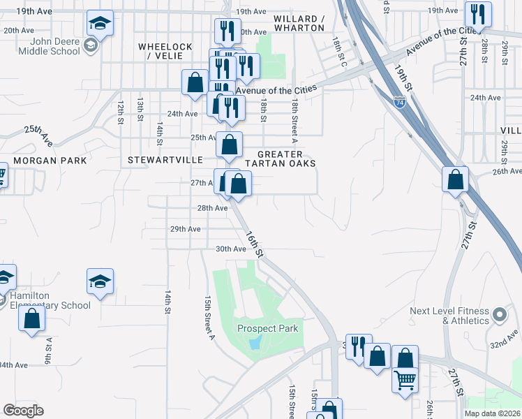 map of restaurants, bars, coffee shops, grocery stores, and more near 2826 17th Street in Rock Island