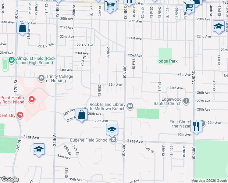 map of restaurants, bars, coffee shops, grocery stores, and more near 2531 29th St in Rock Island