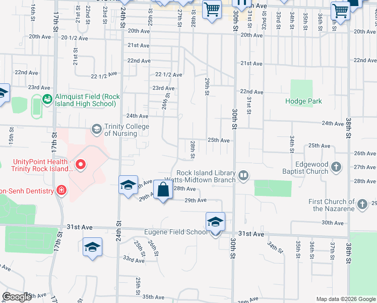 map of restaurants, bars, coffee shops, grocery stores, and more near 2530-2536 28th Street in Rock Island