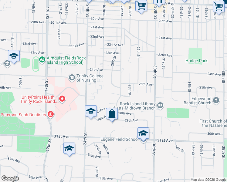 map of restaurants, bars, coffee shops, grocery stores, and more near 2604 27th Street in Rock Island