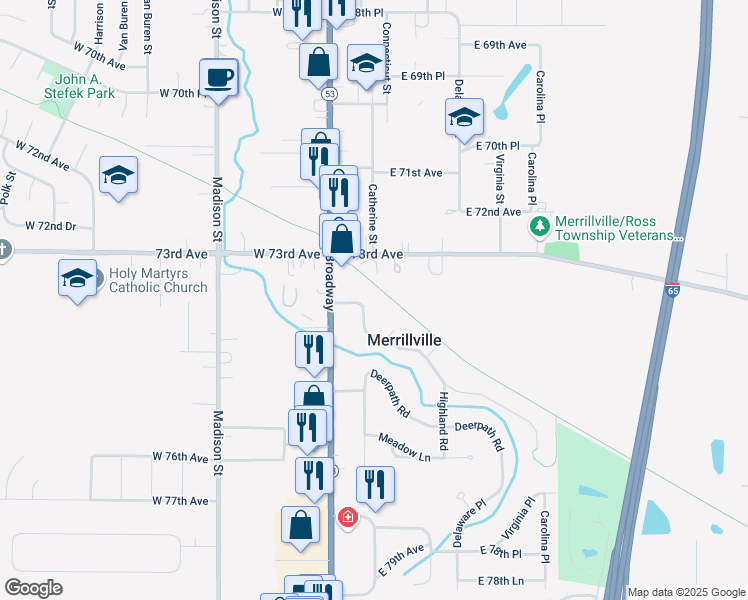 map of restaurants, bars, coffee shops, grocery stores, and more near 11 Indian Trail in Merrillville