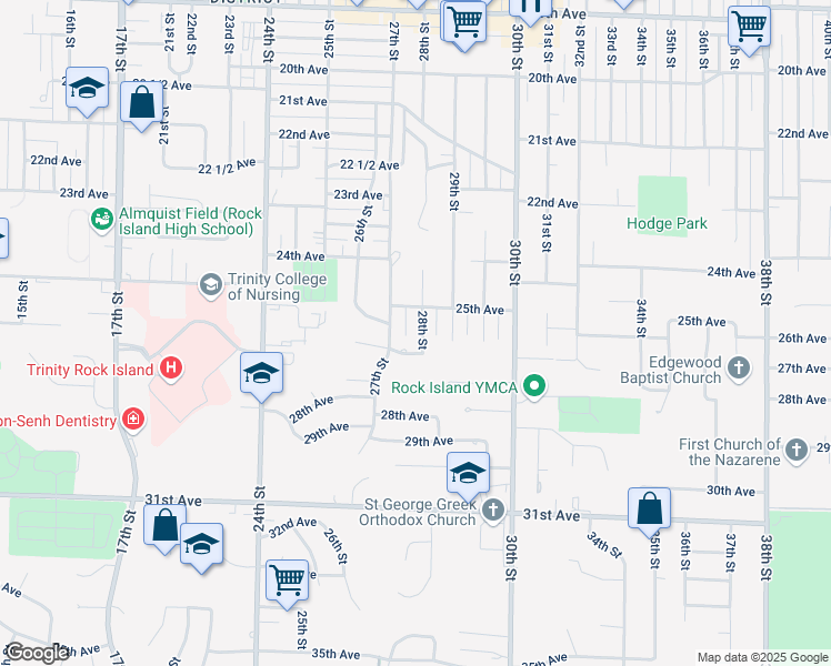 map of restaurants, bars, coffee shops, grocery stores, and more near 2530 28th Street in Rock Island