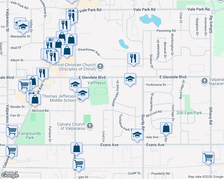 map of restaurants, bars, coffee shops, grocery stores, and more near 1717 Dainesway Drive in Valparaiso
