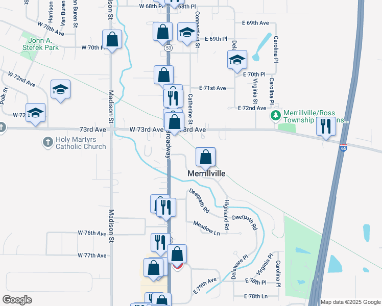 map of restaurants, bars, coffee shops, grocery stores, and more near 11 Indian Trail in Merrillville
