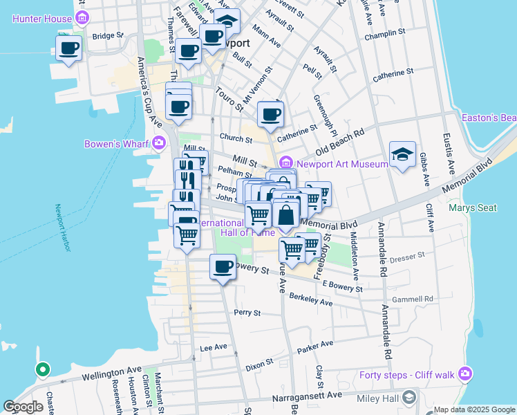 map of restaurants, bars, coffee shops, grocery stores, and more near 83 John Street in Newport