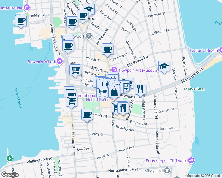 map of restaurants, bars, coffee shops, grocery stores, and more near 120 John Street in Newport