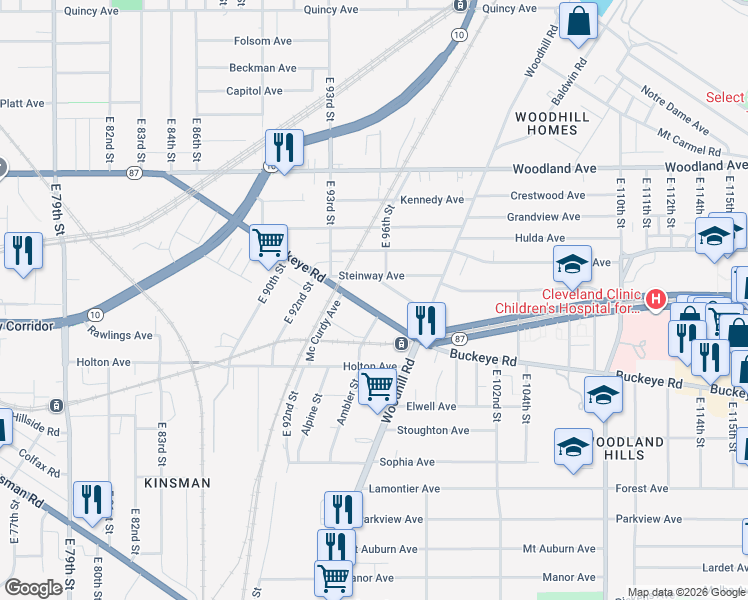 map of restaurants, bars, coffee shops, grocery stores, and more near 9415 Buckeye Road in Cleveland