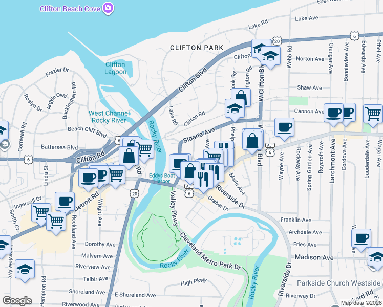 map of restaurants, bars, coffee shops, grocery stores, and more near 1319 Edanola Avenue in Lakewood