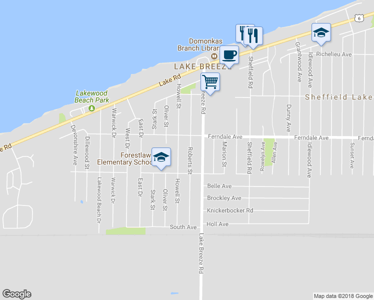 map of restaurants, bars, coffee shops, grocery stores, and more near 830 Roberts Street in Sheffield Lake
