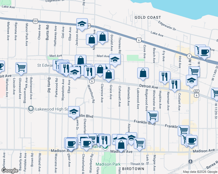 map of restaurants, bars, coffee shops, grocery stores, and more near 1414 Grace Avenue in Lakewood