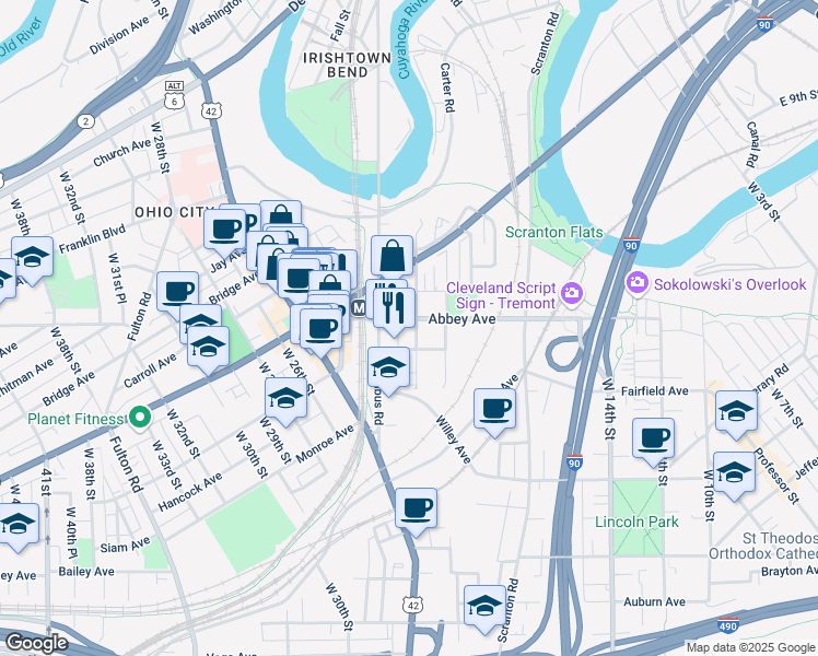 map of restaurants, bars, coffee shops, grocery stores, and more near 2136 West 20th Street in Cleveland