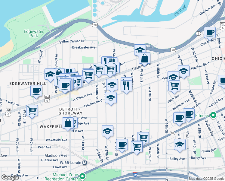 map of restaurants, bars, coffee shops, grocery stores, and more near 1454 West 54th Street in Cleveland