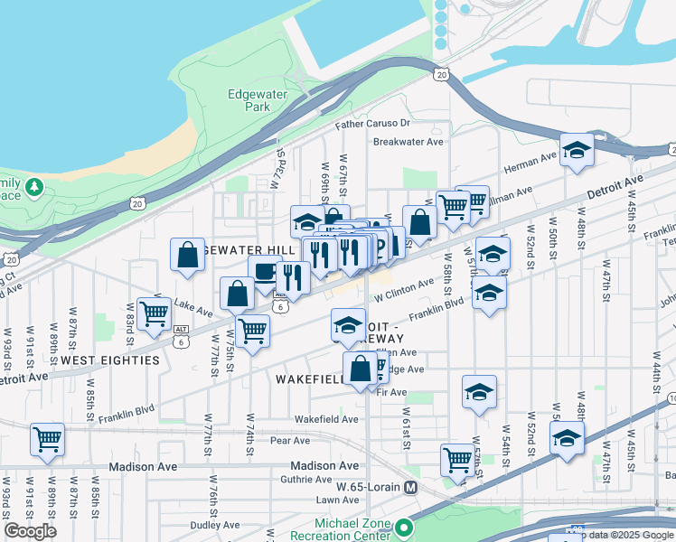 map of restaurants, bars, coffee shops, grocery stores, and more near 6702 Detroit Avenue in Cleveland