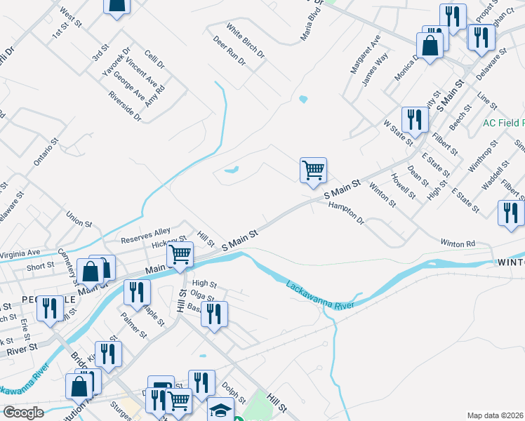 map of restaurants, bars, coffee shops, grocery stores, and more near 2-98 South Street in Archbald