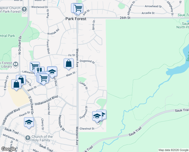 map of restaurants, bars, coffee shops, grocery stores, and more near 188 Dogwood Street in Park Forest