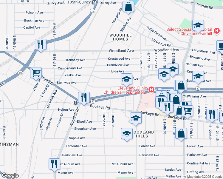 map of restaurants, bars, coffee shops, grocery stores, and more near 10302 Rosehill Avenue in Cleveland