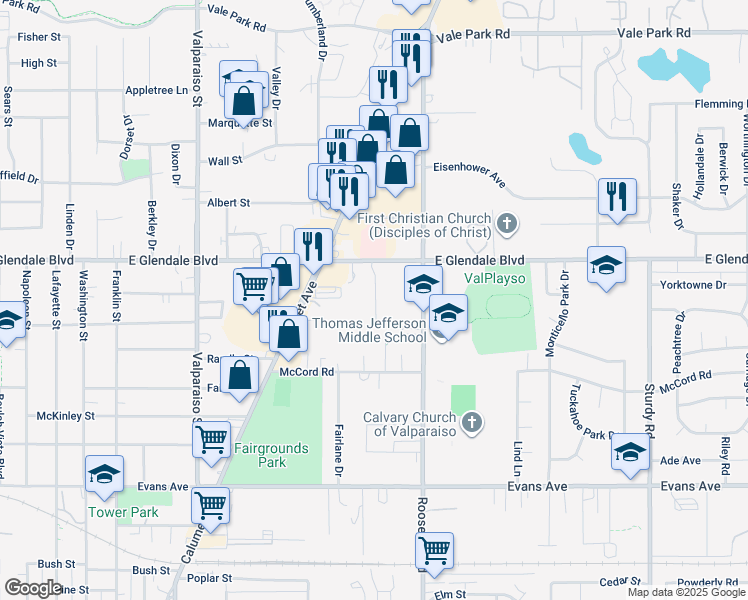 map of restaurants, bars, coffee shops, grocery stores, and more near 1711 Earthstone Drive in Valparaiso