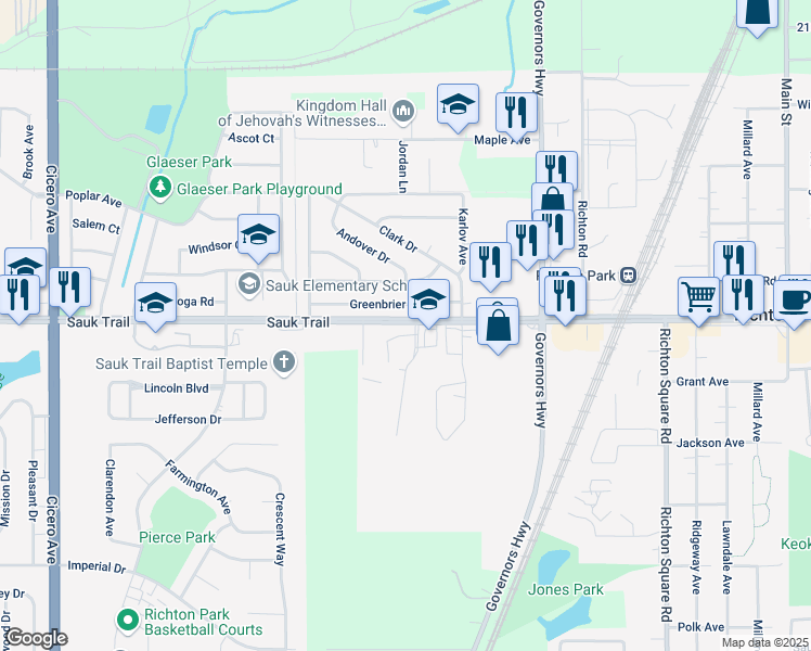 map of restaurants, bars, coffee shops, grocery stores, and more near 4129 Sauk Trail in Richton Park