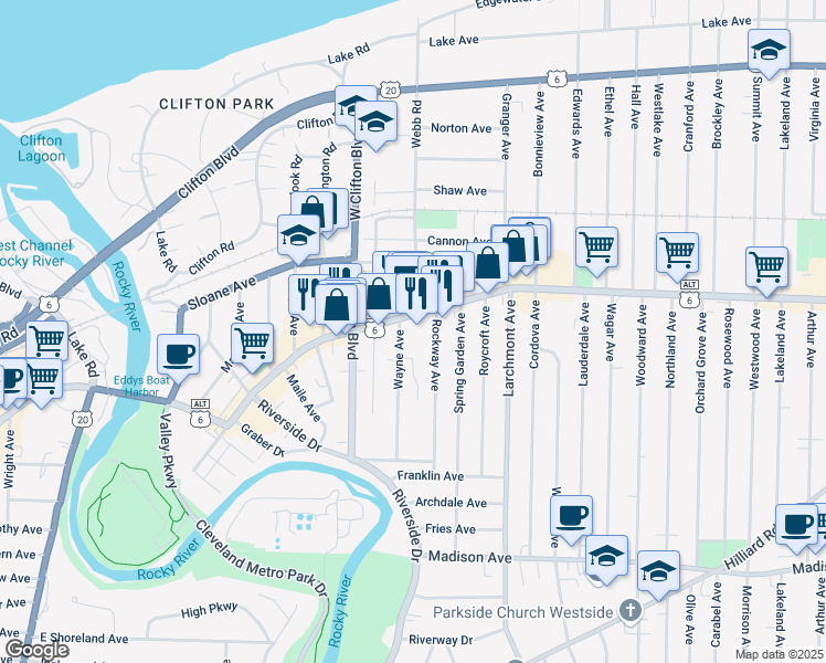 map of restaurants, bars, coffee shops, grocery stores, and more near 17823 Detroit Avenue in Lakewood
