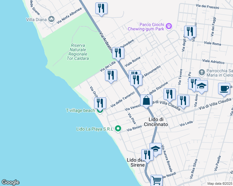 map of restaurants, bars, coffee shops, grocery stores, and more near 34A Via delle Petunie in Anzio