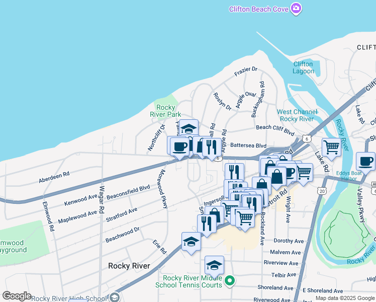 map of restaurants, bars, coffee shops, grocery stores, and more near 20140 Lake Road in Rocky River