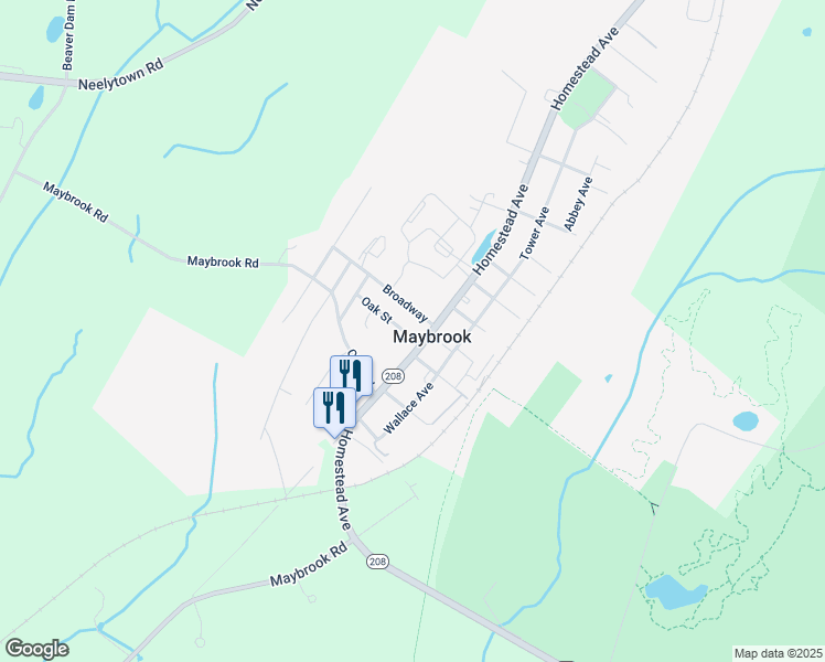 map of restaurants, bars, coffee shops, grocery stores, and more near 104 Oak Street in Maybrook