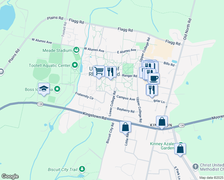 map of restaurants, bars, coffee shops, grocery stores, and more near Baird Hill in South Kingstown