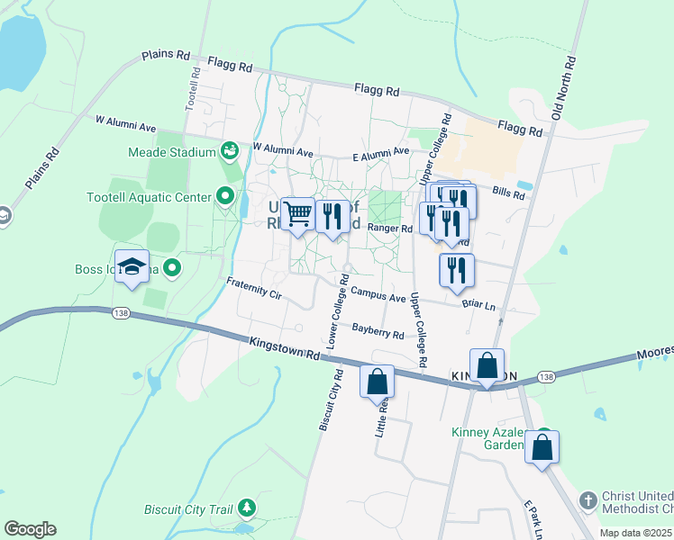 map of restaurants, bars, coffee shops, grocery stores, and more near Baird Hill in South Kingstown