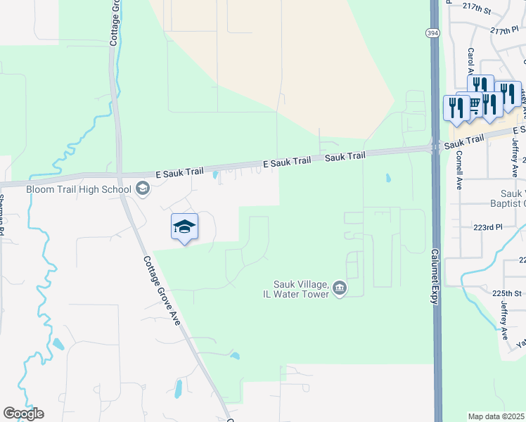 map of restaurants, bars, coffee shops, grocery stores, and more near 1185 Janice Drive in Sauk Village