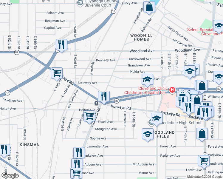 map of restaurants, bars, coffee shops, grocery stores, and more near 9814 Rosehill Avenue in Cleveland