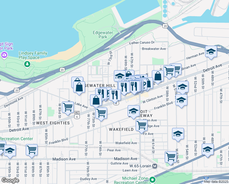 map of restaurants, bars, coffee shops, grocery stores, and more near 1360 West 70th Street in Cleveland