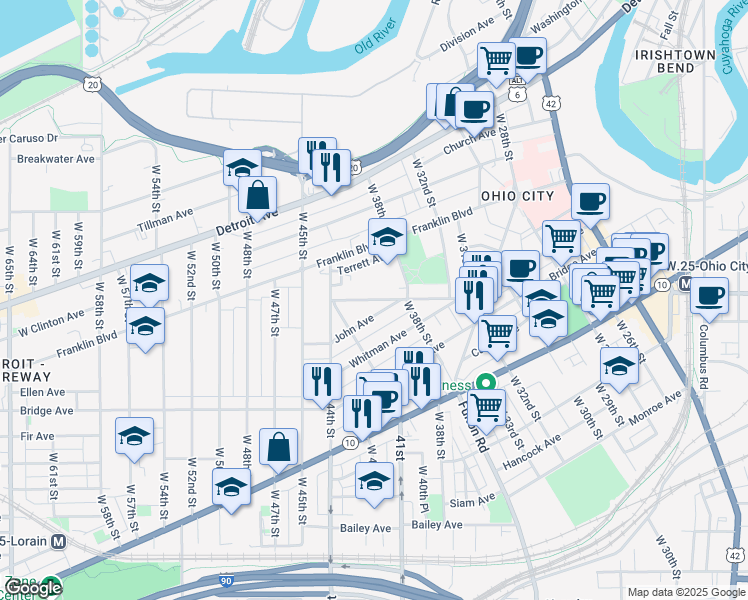 map of restaurants, bars, coffee shops, grocery stores, and more near 4016 Woodbine Avenue in Cleveland