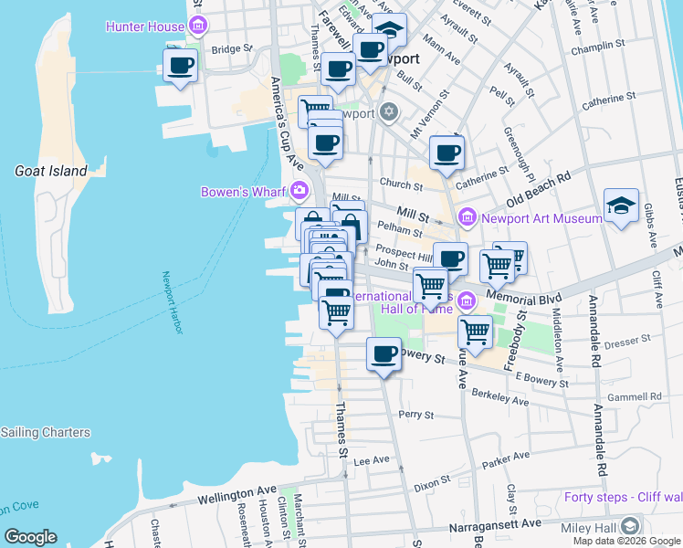 map of restaurants, bars, coffee shops, grocery stores, and more near in Newport