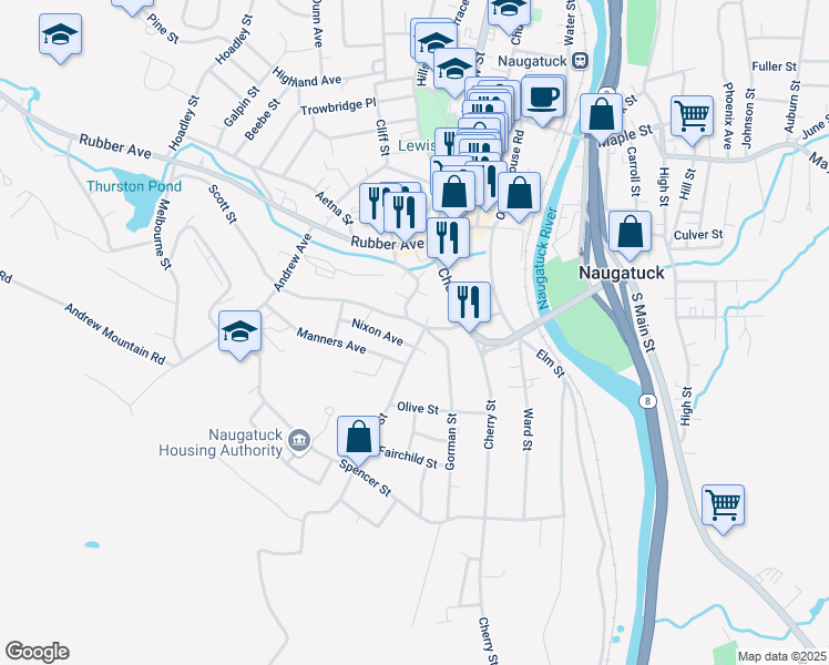 map of restaurants, bars, coffee shops, grocery stores, and more near 7 Lewis Street in Naugatuck