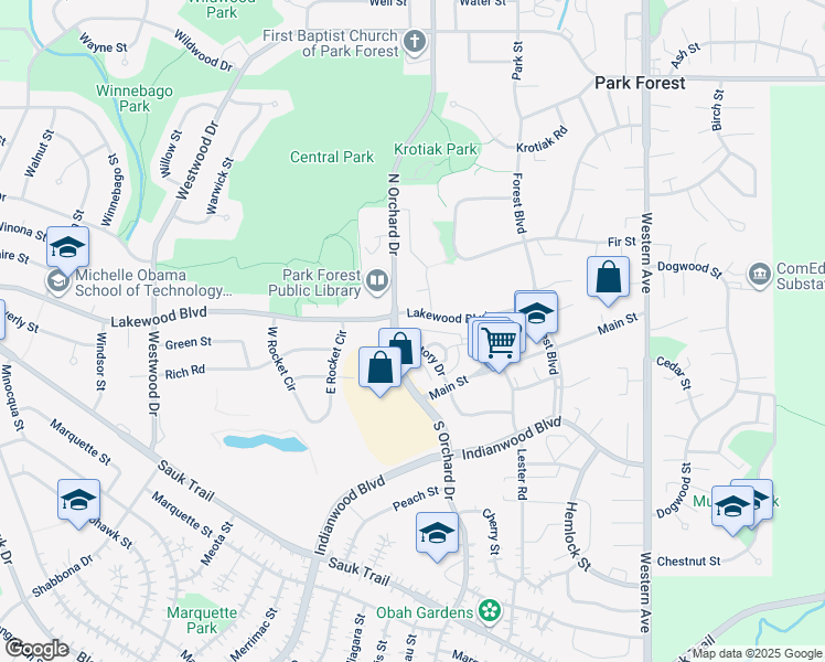 map of restaurants, bars, coffee shops, grocery stores, and more near in Park Forest